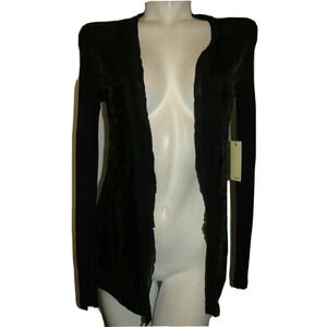 New Ecru Black Sequin Embellished Long Sleeve Open Front Cardigan Sweater Size S